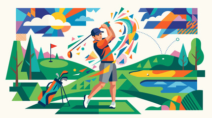 Fototapeta premium Golfer swings club on a vibrant golf course with abstract background.