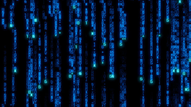 Dense abstract composition of blue binary code characters arranged in a random pattern on a black background, ideal for technology visuals, data analysis, and modern digital design projects.