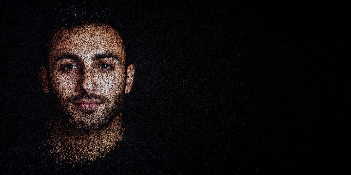 Digital ID Portrait of Middle Eastern Man with Face made up of Data. Biometrics Concept with copy-space.