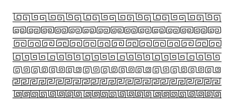 Ancient Greek hand drawn seamless border. Rome doodle meander ornament line set. Doodle decoration ancient pattern fret. Greek ethnic repeat stripe. Vector illustration isolated on white background.