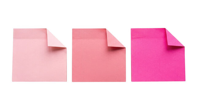 Pink sticky notes set with curled corners, colorful paper memo pads, office reminder square stickers for planning isolated on Transparent Background