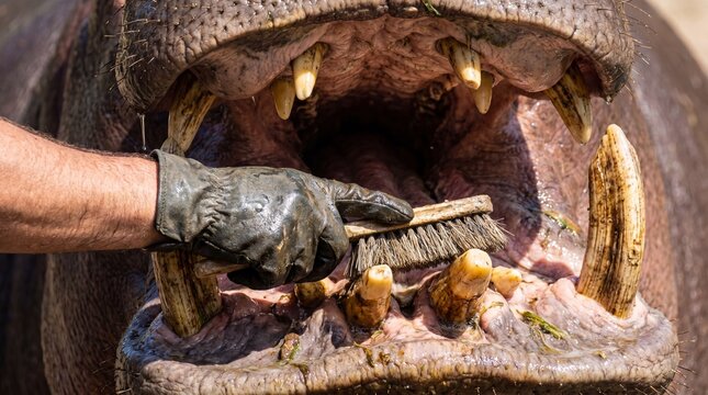 Hippopotamus amphibius oral care inside zoo keeper duties during veterinary dentistry brushing