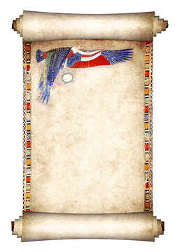 3d papyrus with egyptian eagle and ankh, creating a sense of grandeur and regality. Old parchment with eagle. Isolated on white. Ancient scroll that evokes atmosphere of Egypt. Copy space for text