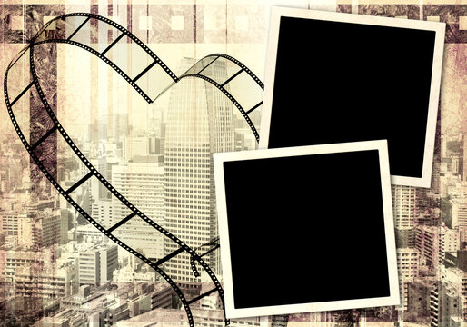 Grunge background with two photo, old paper texture and retro filmstrip frame. Horizontal retro banner with photo frame and film reel. Vintage backdrop with photos and filmstrip. Copy space for text