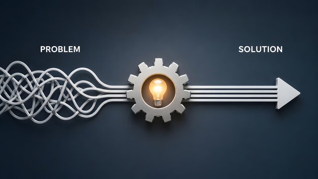 Problem solving and business innovation concept with tangled wire transforming into straight arrow through gear and lightbulb