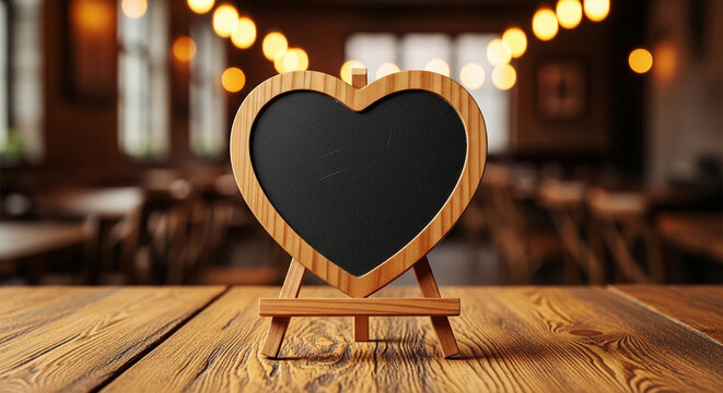 Heart shaped chalkboard on wooden table