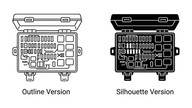 Car Fuse Box Diagram: A detailed illustration showing the outline and silhouette versions of a car's electrical fuse box, indicating the layout and function of its components.