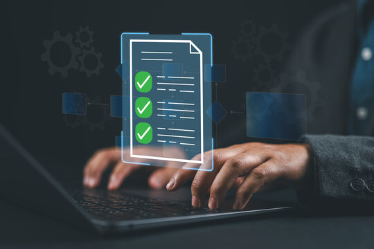 Business process automation BPA and document automation solutions. Flowchart and document icon with checkmark. Businessman using laptop computer to automate document creation.