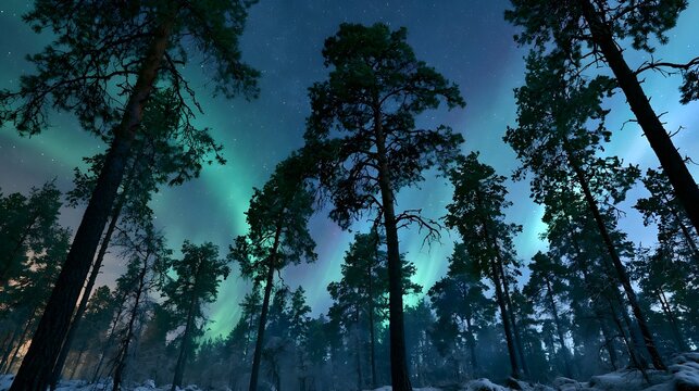A serene forest of tall pine trees under a vibrant green aurora borealis dancing across a starry night sky