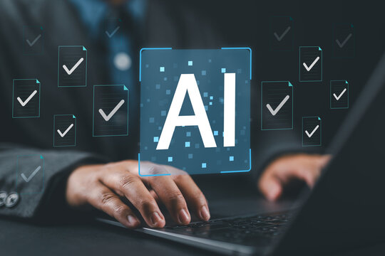 Generative AI artificial intelligence generate document and business files. Intelligent automation IA system and technology. Businessman typing on laptop computer keyboard at desk in office.