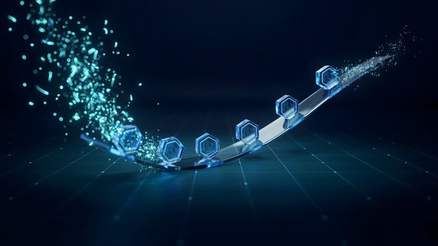 Translucent glass timeline ribbon over holographic data grid &ndash; Perfect for IT infrastructure management, cybersecurity roadmaps, or big data analysis phases.