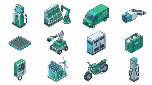 Isometric Green Industrial Equipment and Vehicles Collection.