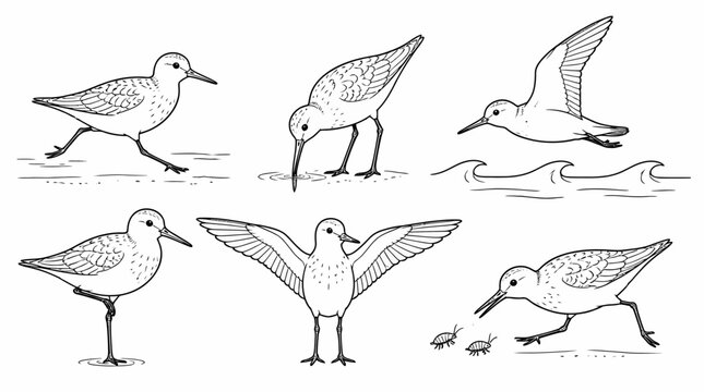 Sandpiper bird set in various poses, line art illustration for nature