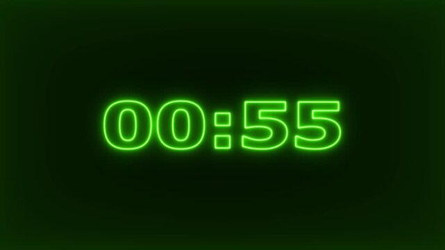 glowing neon 1 minute Countdown. neon 1 to 0 minute Countdown timer .Green neon digital countdown timer clock display for broadcast and motion