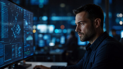 Fototapeta premium Focused cybersecurity analyst monitoring network traffic and AI threat detection on computer screens