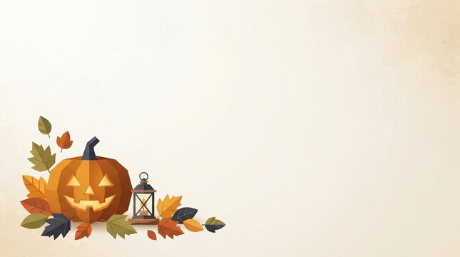 Warm Halloween background featuring a smiling jack o' lantern, vintage lantern, and colorful autumn leaves arranged in the bottom corner with large copy space for seasonal designs, invitations, and ma