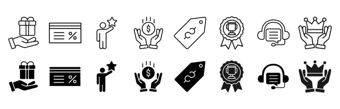 Loyalty program icon set. Reward and support vector illustration concept