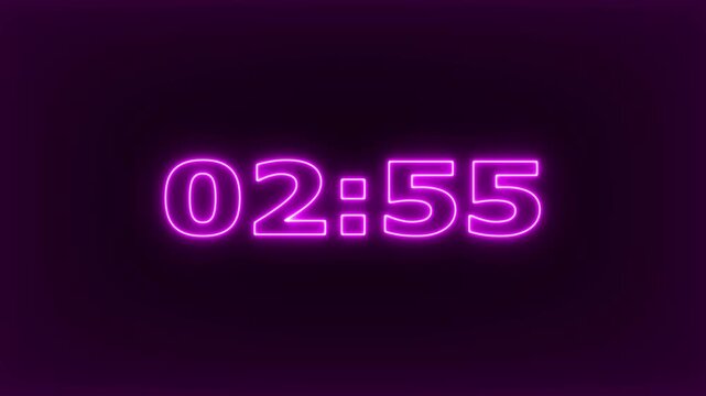 glowing neon 3 minute Countdown. neon 3 to 2 minute Countdown timer . Neon pink digital countdown timer displaying minutes and seconds on dark background, clock