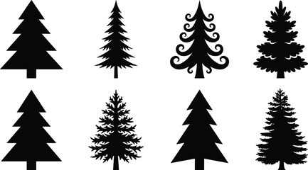 Obraz premium Evergreen Christmas Tree Silhouette Set Featuring Pines Firs Cedars Spruces and Ornate Swirl Forest Trees for Winter Holiday Greeting Card Graphics Vector Design