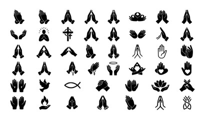 Fototapeta premium Praying Hands Silhouette Icon Set with 36 Simple Black and White Spiritual Vector Symbols EPS 10