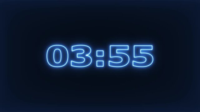 glowing neon 4 minute Countdown. neon 4 to 3 minute Countdown timer .Neon blue digital countdown timer clock displaying minutes and seconds on dark background
