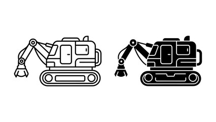Excavator Icons: A set of stylized icons representing an excavator, shown in both outline and silhouette, showcasing heavy machinery. © Md