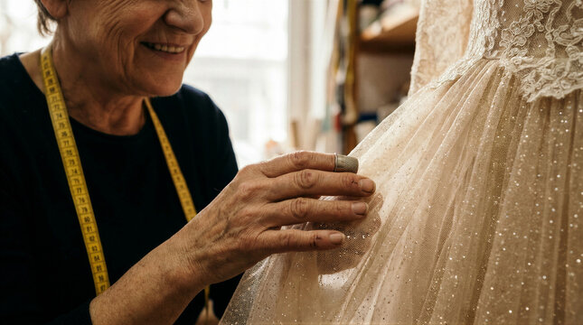 Elderly woman fashion designer adjusting wedding dress on mannequin in atelier workshop. Professional seamstress working on bridal gown. Custom tailoring, craftsmanship and textiles