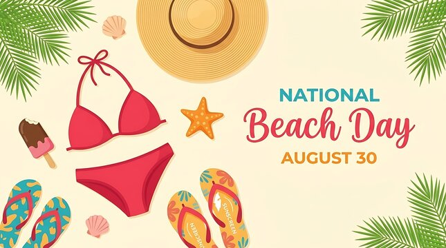 National beach day august 30 celebration background with bikini and hat