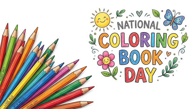 National coloring book day graphic with colored pencils flowers and butterfly