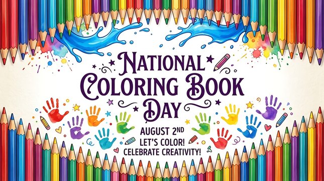 National coloring book day celebration with colorful pencil border and, coloring