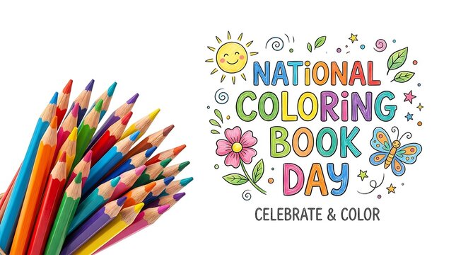 Celebrate and color graphic for national coloring book day with pencils