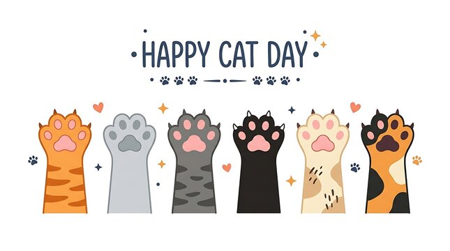 Happy cat day greeting with colorful feline paws celebration illustration