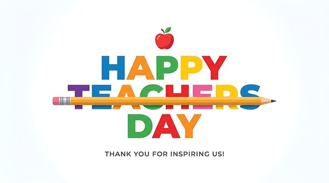 Happy teachers day greeting card with colorful lettering and pencil, education