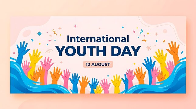 International youth day celebratory banner with raised colorful hands, colorful