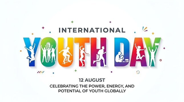 International youth day graphic with colorful typography and active silhouettes