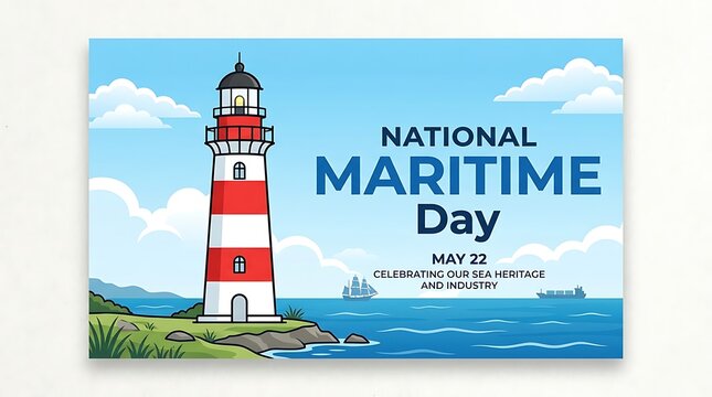 National maritime day greeting card design with coastal red and white lighthouse