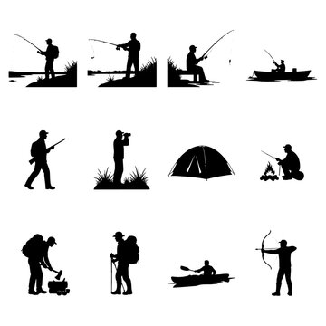 Black silhouettes of outdoor activities: fishing from shore, standing fishing, sitting fishing, fishing from boat, hunter with rifle, observing with binoculars, camping tent, campfire, chopping wood
