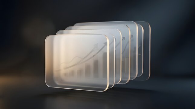 Overlapping transparent screens display graphs on a dark background indoors