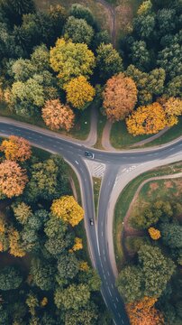 High-angle view of a three-way road intersection within a park with colorful autumn trees