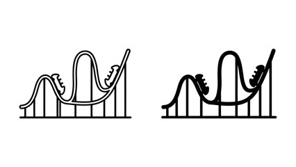 Roller Coaster Fun: A simple line drawing and silhouette depiction of a roller coaster with cars climbing hills and dropping down tracks, symbolizing excitement and thrills. © Sugra