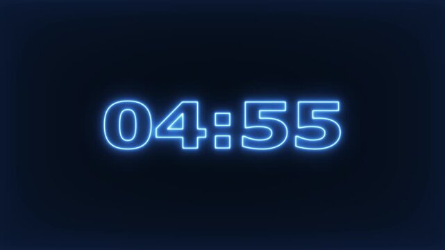 glowing neon 5 minute Countdown. neon 5 to 0 minute Countdown timer .Neon blue digital countdown timer clock displaying minutes and seconds on dark background