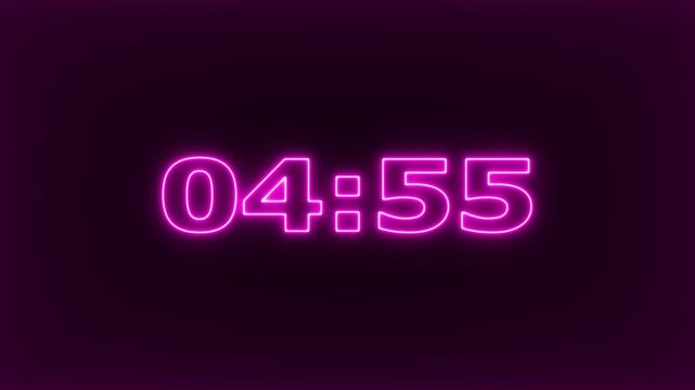 glowing neon 5 minute Countdown. neon 5 to 0 minute Countdown timer .Neon pink digital countdown timer clock displaying minutes and seconds on dark background, glowing