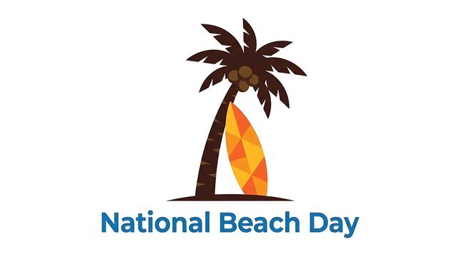 National beach day poster with palm tree and surfboard illustration, surfboard