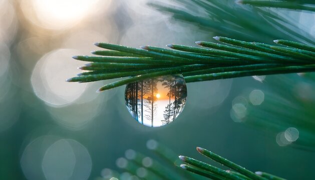 Water Droplet on Pine Needles Reflecting Sunset Through Trees