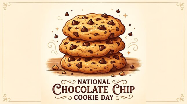 National chocolate chip cookie day stacked homemade pastry illustration