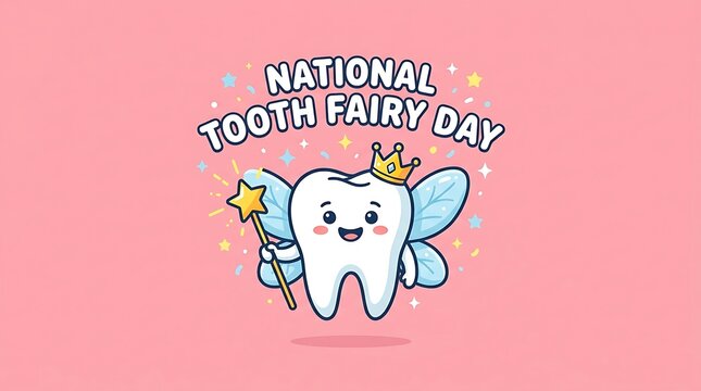 National tooth fairy day illustration with cute winged tooth character holding