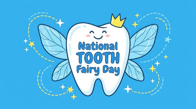 National tooth fairy day design with cute winged tooth character on blue