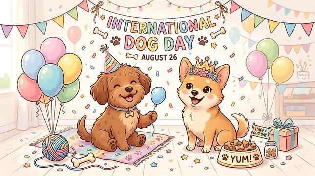 International dog day celebration with two cute puppies in party hats, balloons