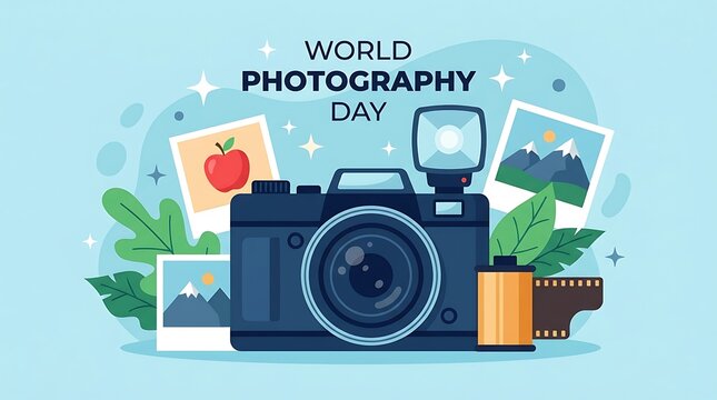 World photography day flat illustration with vintage camera and film roll