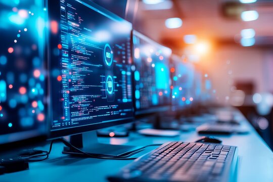 Multiple computer monitors displaying code and glowing data visualizations